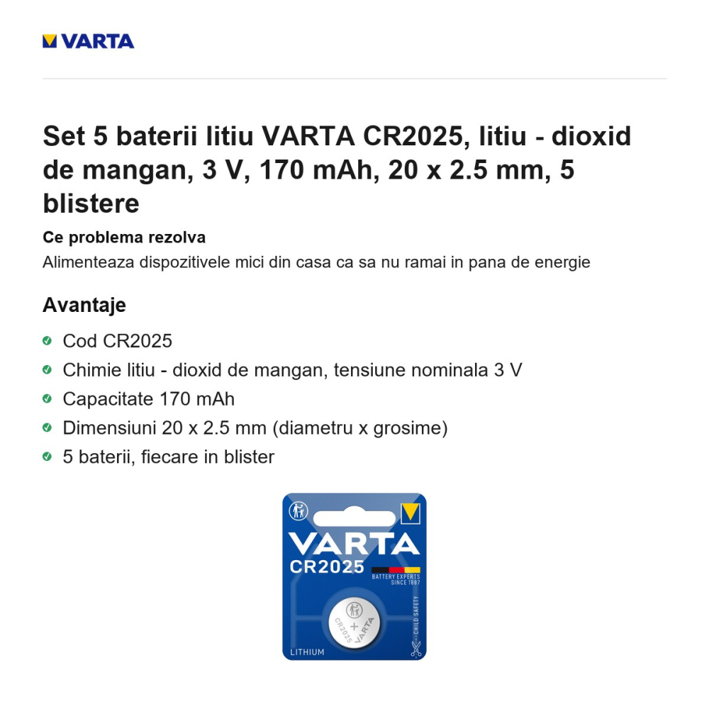 Set 5 baterii litiu VARTA CR2025, litiu - dioxid de mangan, 3 V, 170 mAh, 20 x 2.5 mm, 5 blistere [2]