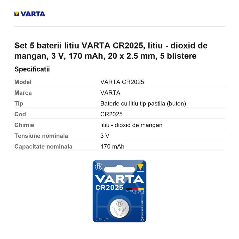 Set 5 baterii litiu VARTA CR2025, litiu - dioxid de mangan, 3 V, 170 mAh, 20 x 2.5 mm, 5 blistere [3]