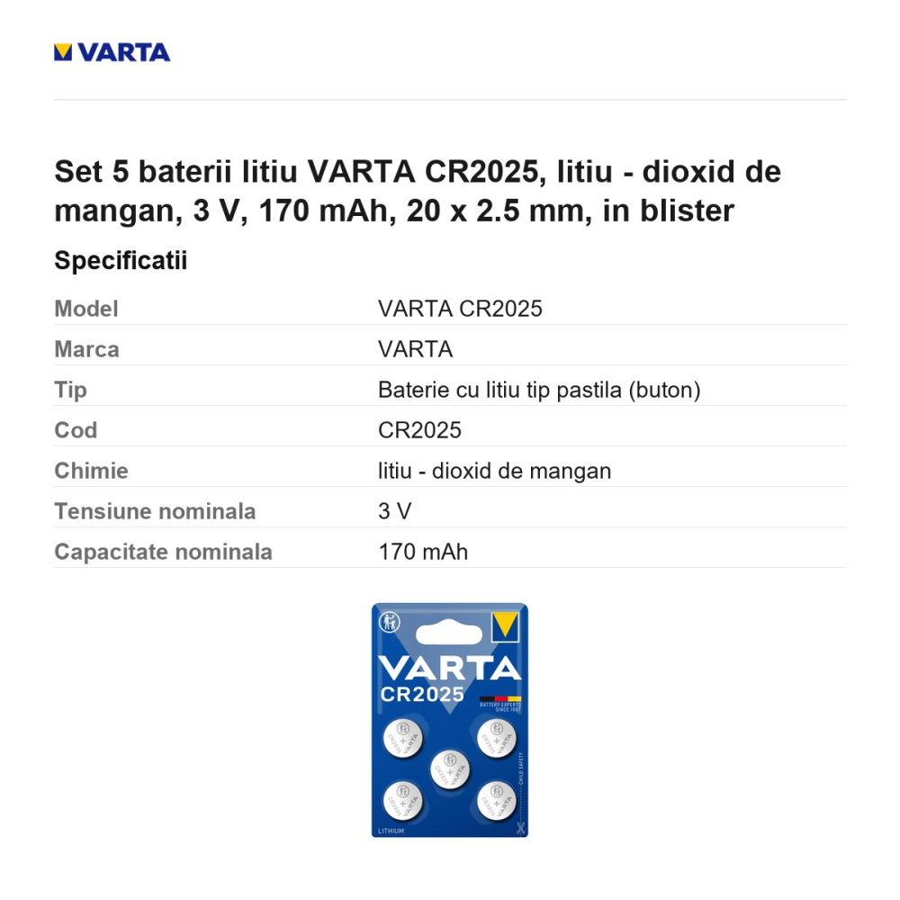 Set 5 baterii litiu VARTA CR2025, litiu - dioxid de mangan, 3 V, 170 mAh, 20 x 2.5 mm, in blister [3]