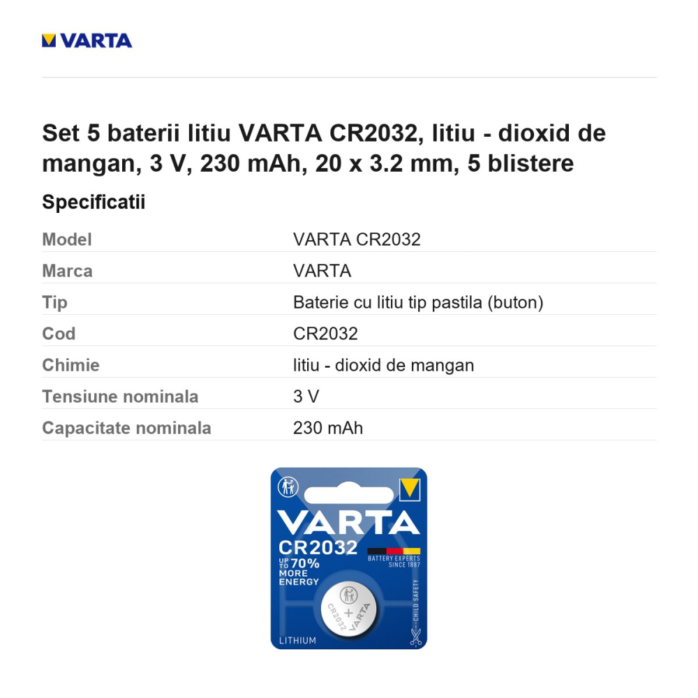 Set 5 baterii litiu VARTA CR2032, litiu - dioxid de mangan, 3 V, 230 mAh, 20 x 3.2 mm, 5 blistere [3]