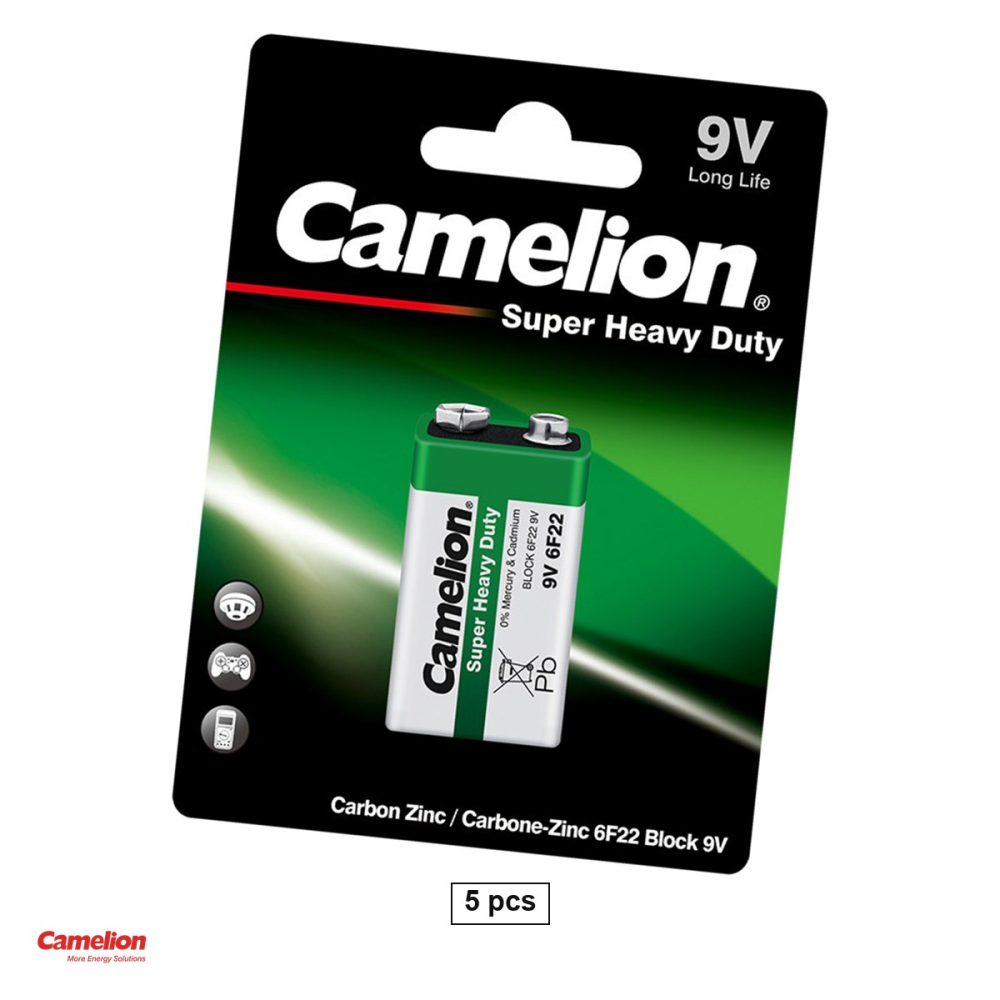 Set 5 baterii zinc carbon Camelion Super Heavy Duty 9V 6F22, 9 V, 48.5 x 26.5 x 17.5 mm, 5 blistere [1]