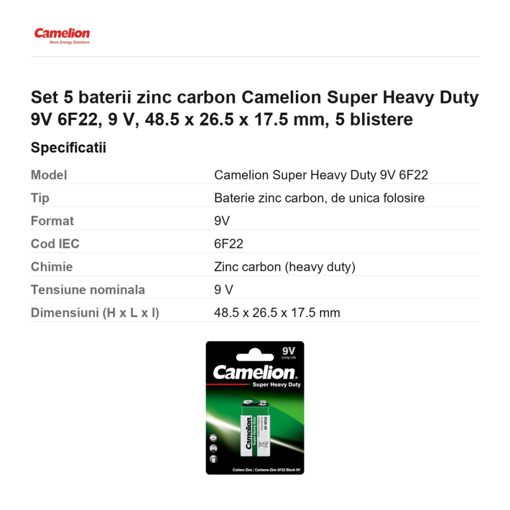 Set 5 baterii zinc carbon Camelion Super Heavy Duty 9V 6F22, 9 V, 48.5 x 26.5 x 17.5 mm, 5 blistere [3]