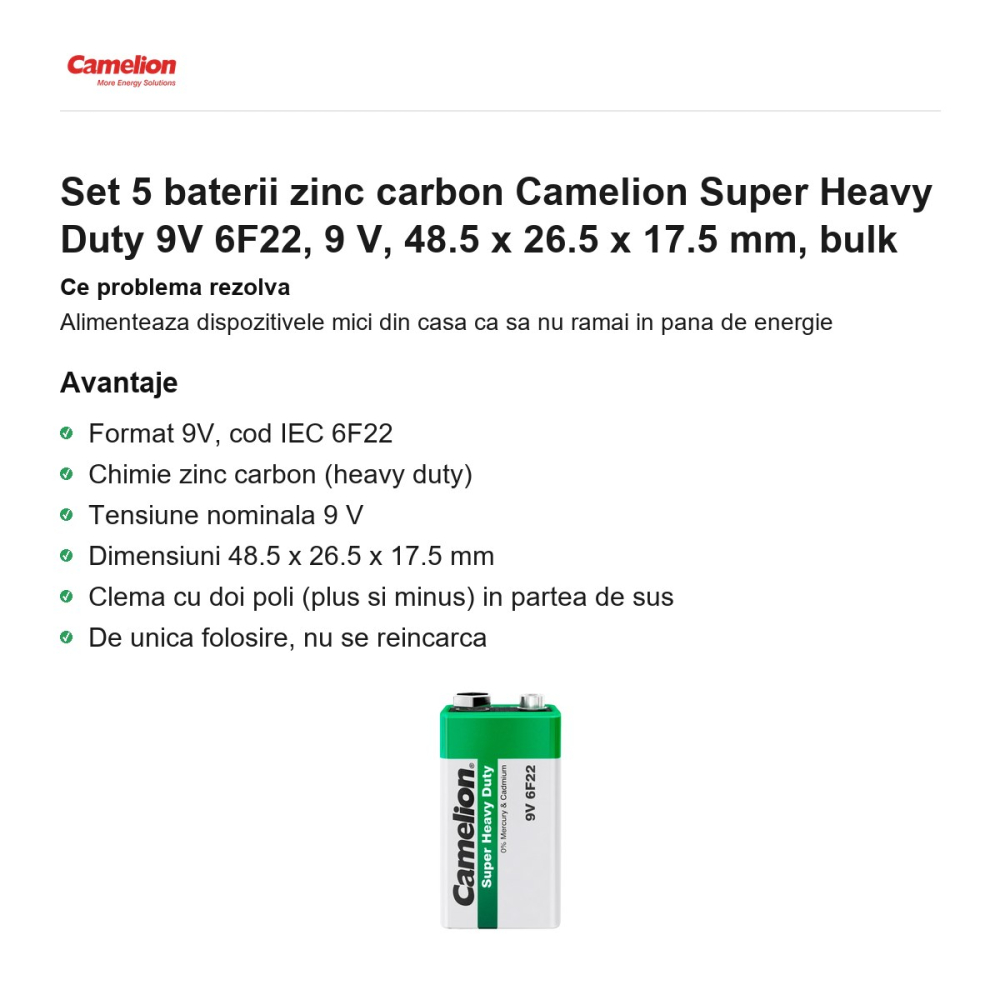 Set 5 baterii zinc carbon Camelion Super Heavy Duty 9V 6F22, 9 V, 48.5 x 26.5 x 17.5 mm, bulk [2]