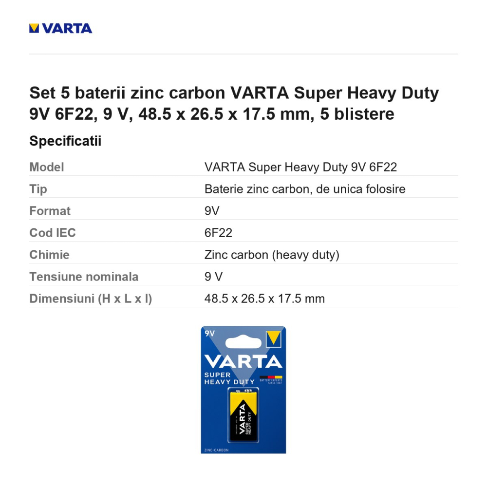 Set 5 baterii zinc carbon VARTA Super Heavy Duty 9V 6F22, 9 V, 48.5 x 26.5 x 17.5 mm, 5 blistere [3]