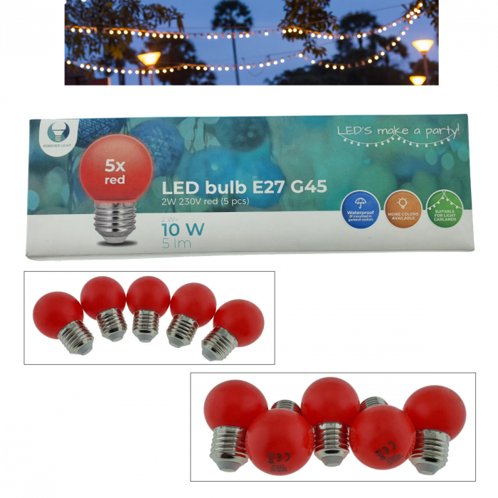 Set 5 becuri LED, E27 G45, Forever Light 86283, 2W, unghi larg de 360°, culoare rosie [5]