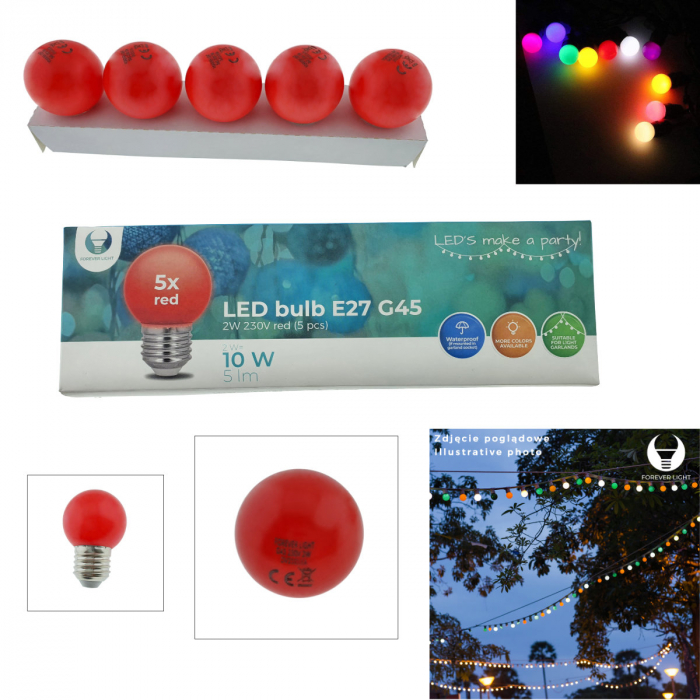 Set 5 becuri LED, E27 G45, Forever Light 86283, 2W, unghi larg de 360°, culoare rosie [3]