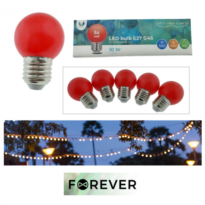 Set 5 becuri LED, E27 G45, Forever Light 86283, 2W, unghi larg de 360°, culoare rosie [6]
