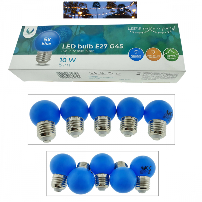 Set 5 becuri LED, E27 G45, Forever Light 86285, 2W, unghi larg de 360°, albastre [5]