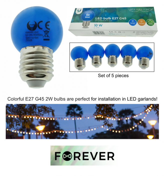 Set 5 becuri LED, E27 G45, Forever Light 86285, 2W, unghi larg de 360°, albastre [6]