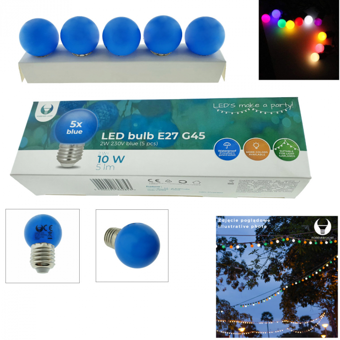 Set 5 becuri LED, E27 G45, Forever Light 86285, 2W, unghi larg de 360°, albastre [3]