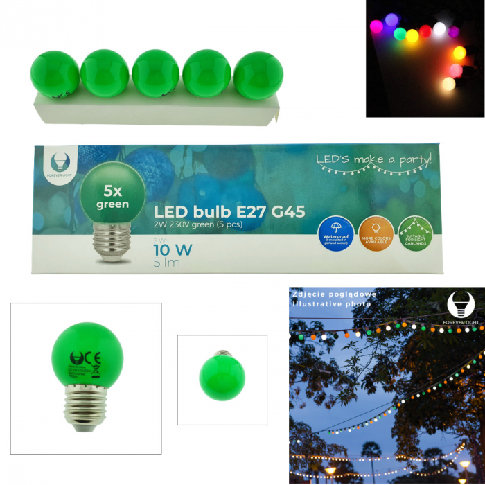 Set 5 becuri LED, E27 G45, Forever Light 92945, 2W, unghi larg de 360°, verzi [3]