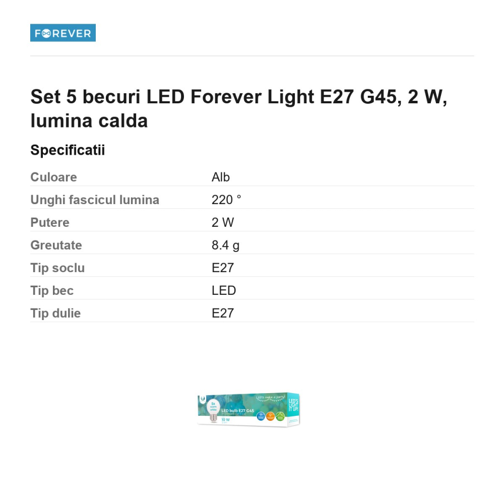 Set 5 becuri LED Forever Light E27 G45, 2 W, lumina calda [3]