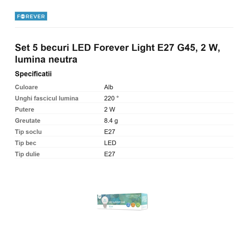 Set 5 becuri LED Forever Light E27 G45, 2 W, lumina neutra [3]