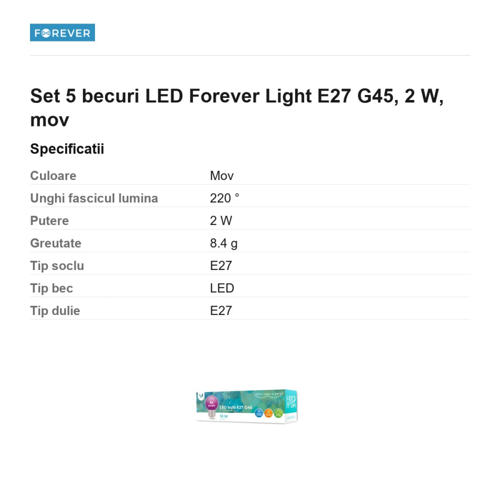Set 5 becuri LED Forever Light E27 G45, 2 W, mov [3]