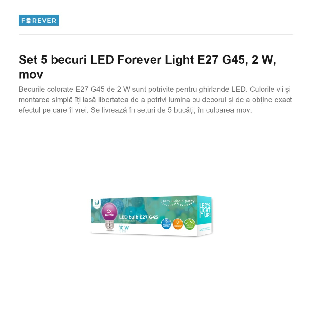 Set 5 becuri LED Forever Light E27 G45, 2 W, mov [2]