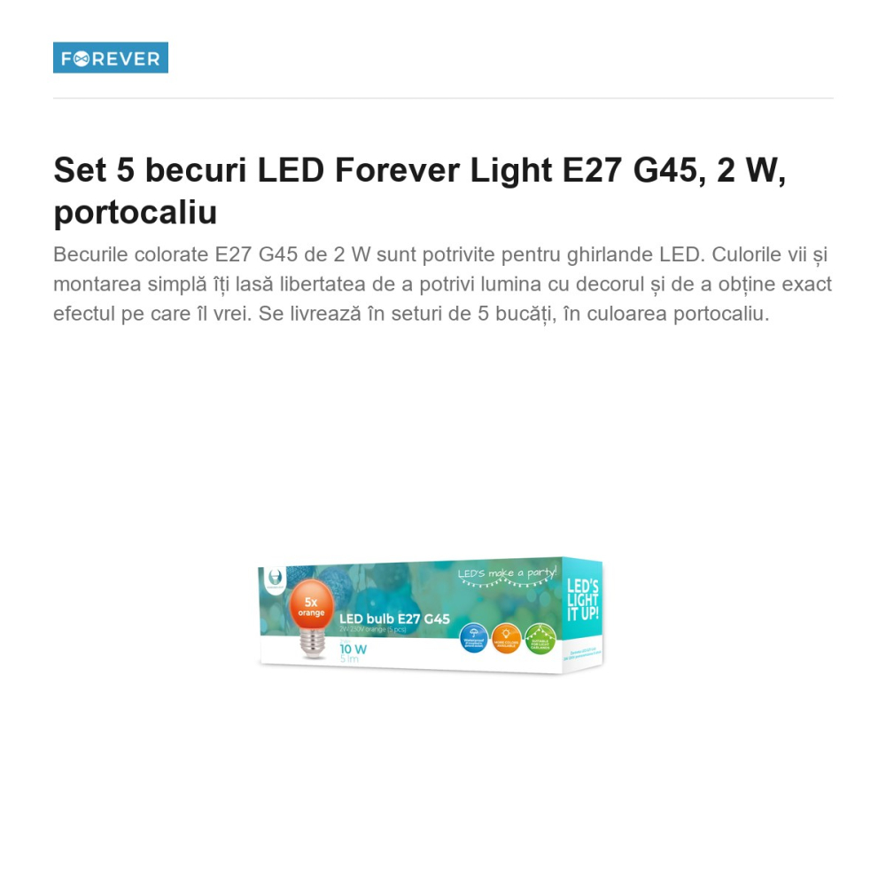 Set 5 becuri LED Forever Light E27 G45, 2 W, portocaliu [2]