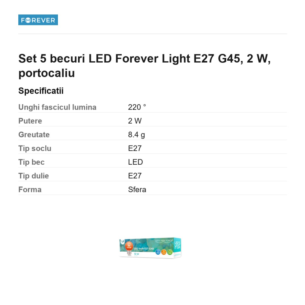 Set 5 becuri LED Forever Light E27 G45, 2 W, portocaliu [3]