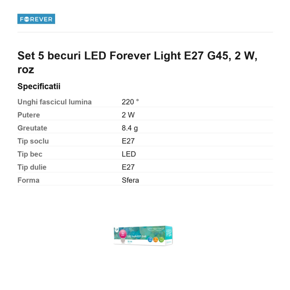 Set 5 becuri LED Forever Light E27 G45, 2 W, roz [3]