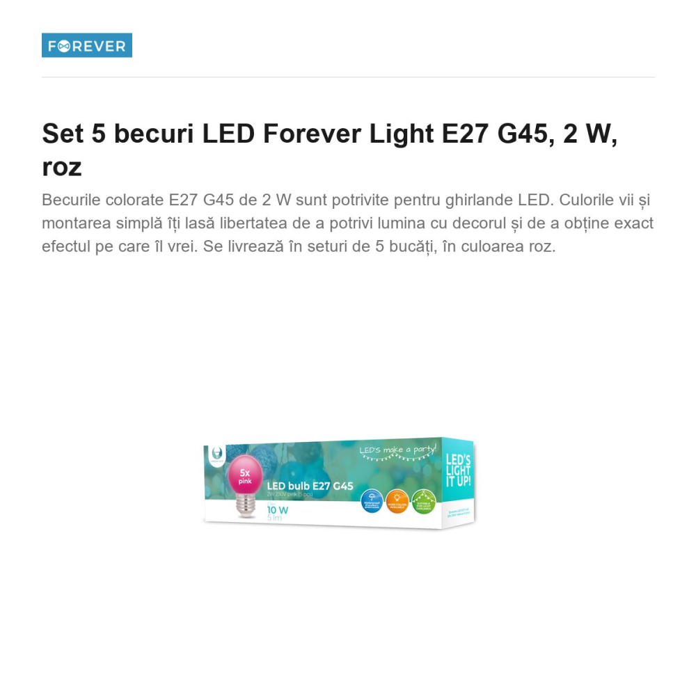 Set 5 becuri LED Forever Light E27 G45, 2 W, roz [2]