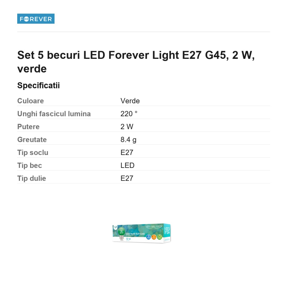 Set 5 becuri LED Forever Light E27 G45, 2 W, verde [3]
