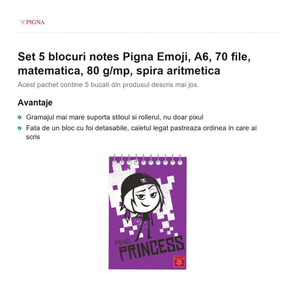 Set 5 blocuri notes Pigna Emoji, A6, 70 file, matematica, 80 g/mp, spira aritmetica [2]