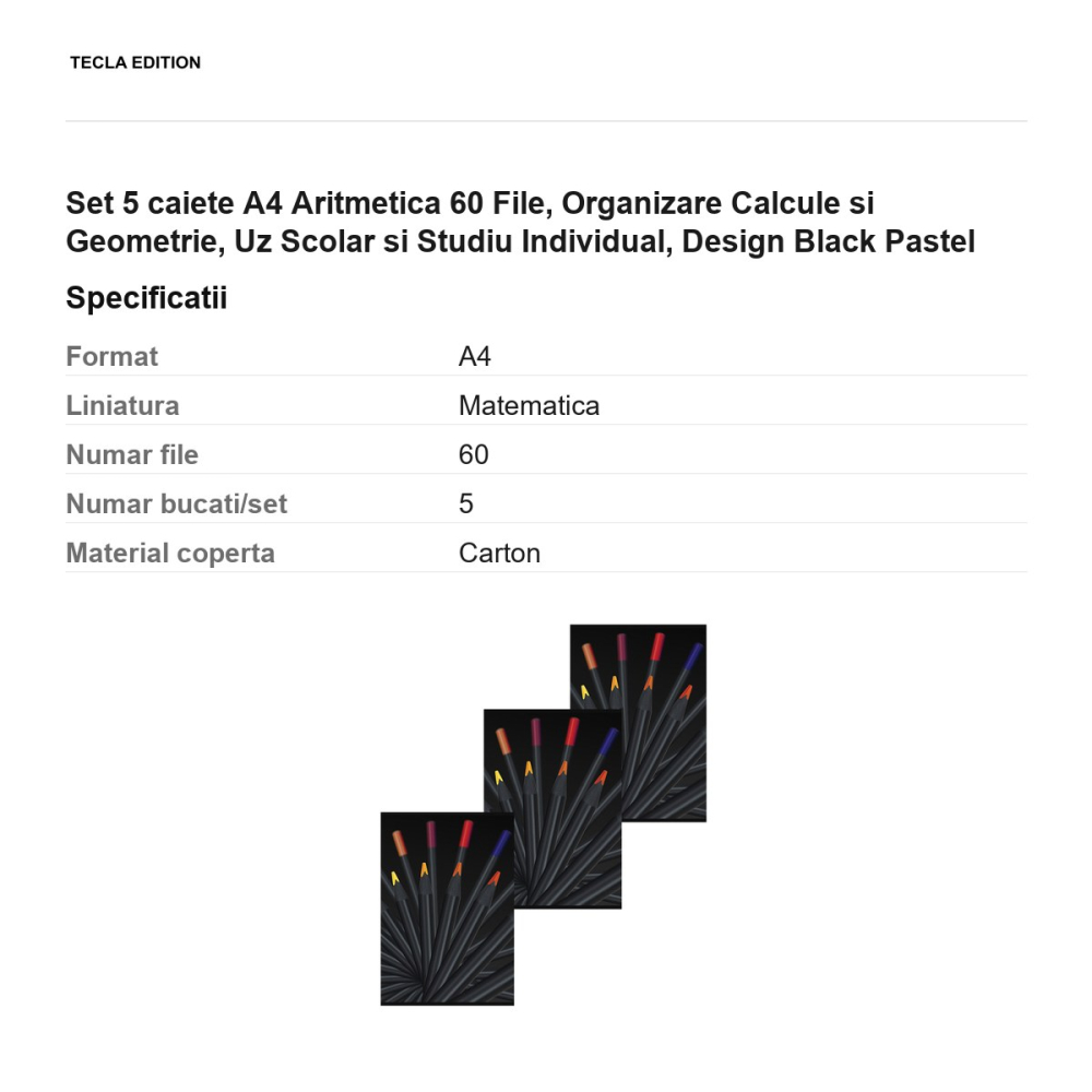 Set 5 caiete A4 Aritmetica 60 File, Organizare Calcule si Geometrie, Uz Scolar si Studiu Individual, Design Black Pastel [3]