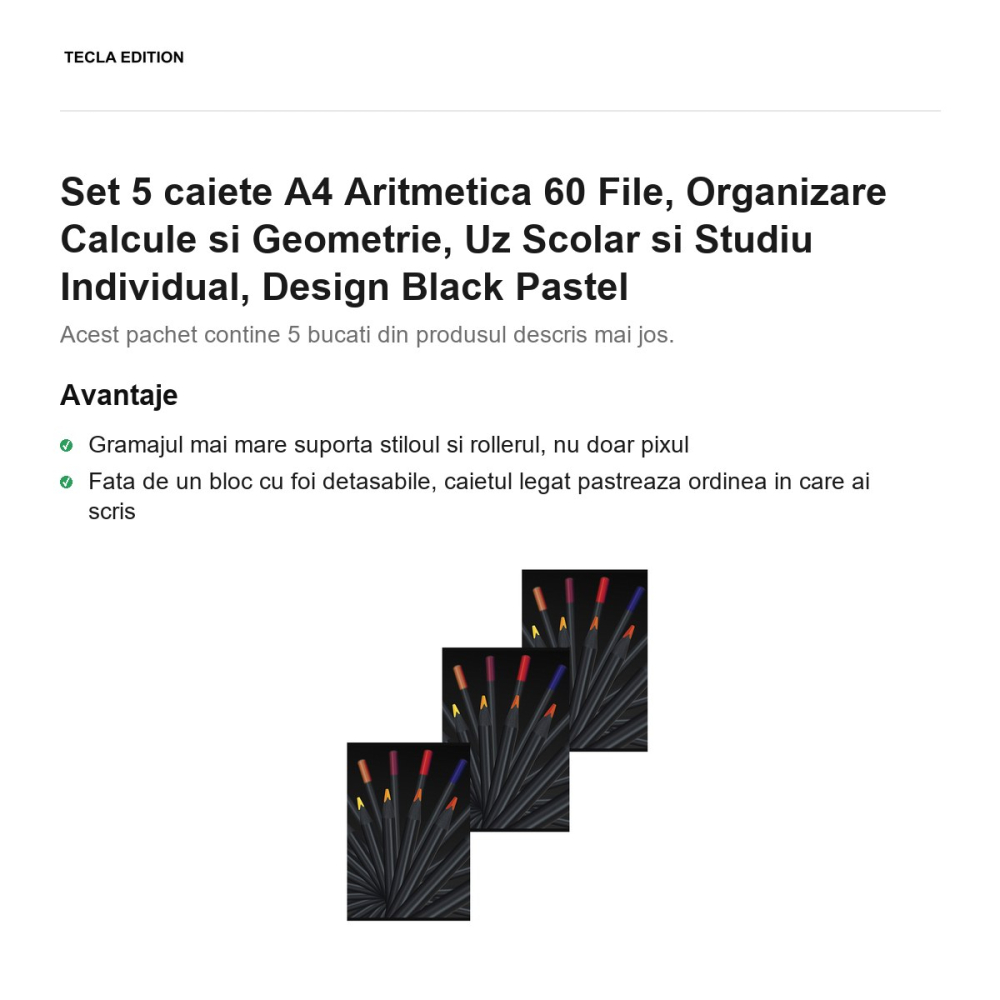 Set 5 caiete A4 Aritmetica 60 File, Organizare Calcule si Geometrie, Uz Scolar si Studiu Individual, Design Black Pastel [2]