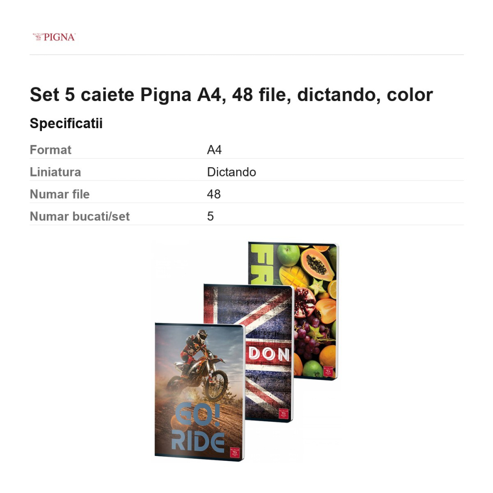 Set 5 caiete Pigna A4, 48 file, dictando, color [3]