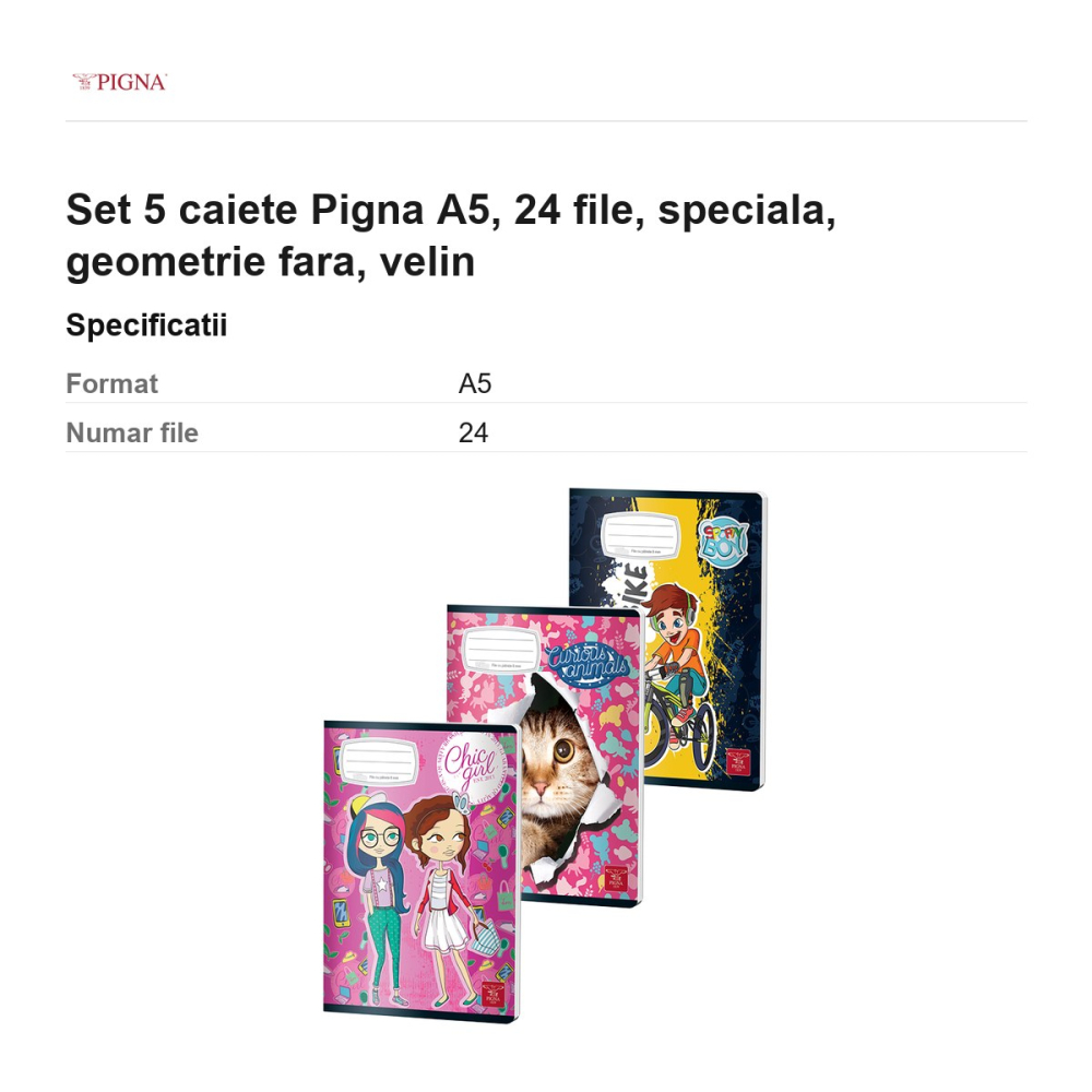 Set 5 caiete Pigna A5, 24 file, geometrie fara, velin [3]