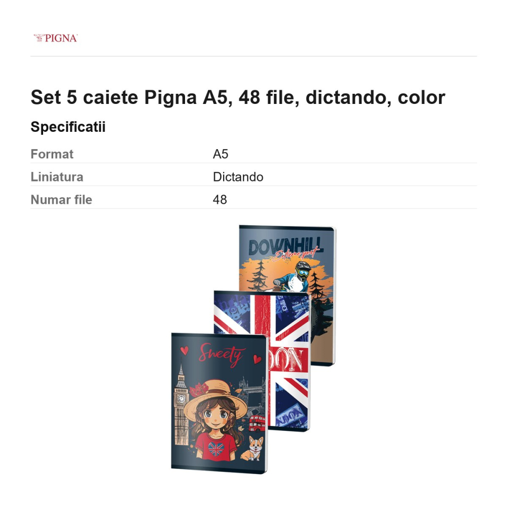 Set 5 caiete Pigna A5, 48 file, dictando, color [3]