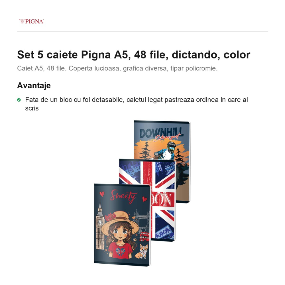 Set 5 caiete Pigna A5, 48 file, dictando, color [2]