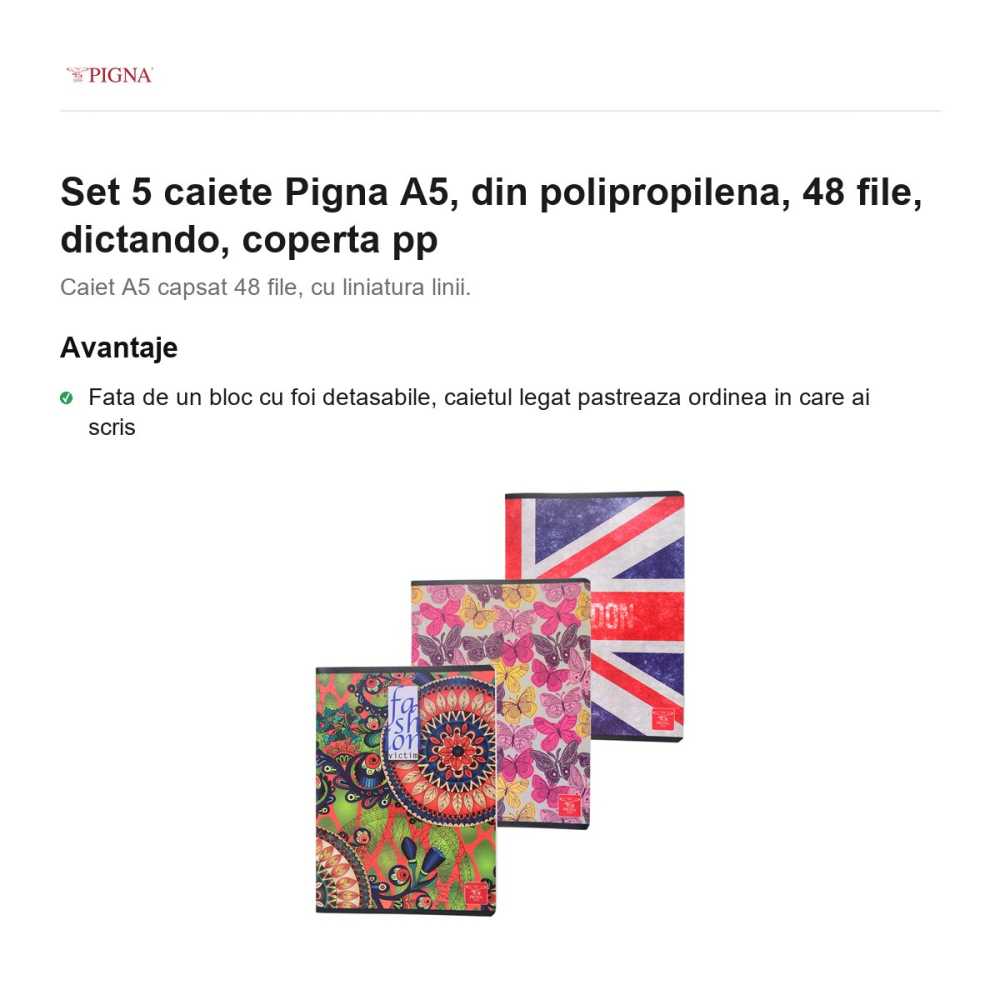 Set 5 caiete Pigna A5, din polipropilena, 48 file, dictando, coperta pp [2]