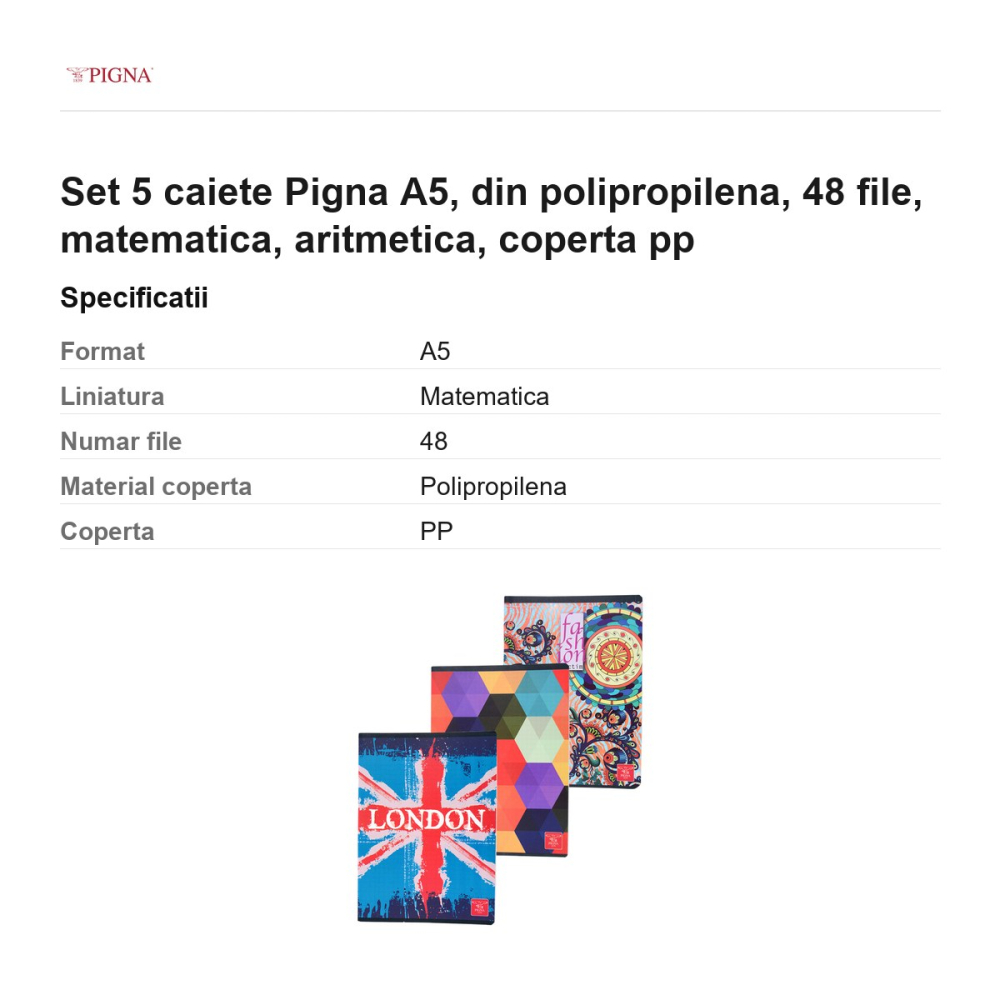Set 5 caiete Pigna A5, din polipropilena, 48 file, matematica, aritmetica, coperta pp [3]