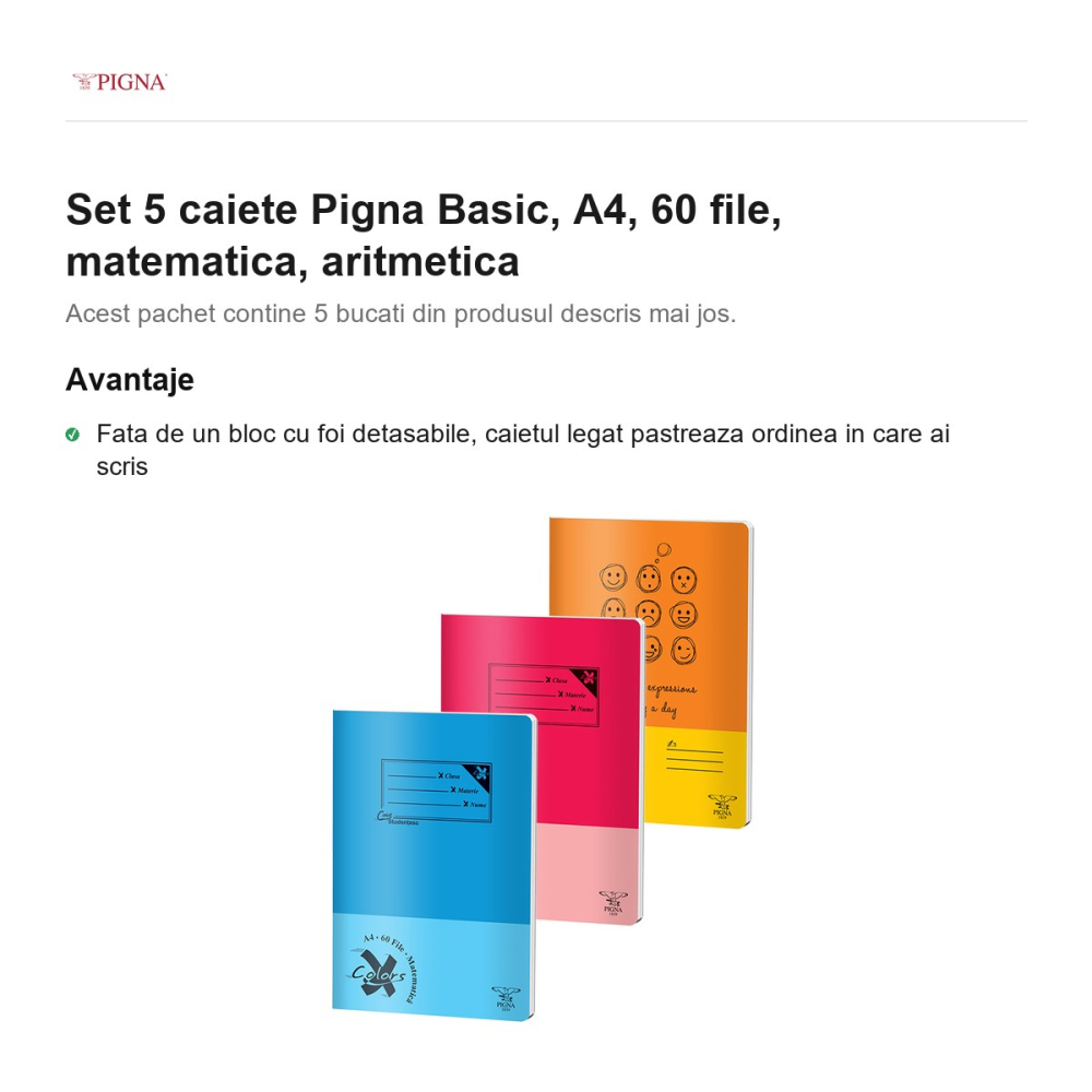 Set 5 caiete Pigna Basic, A4, 60 file, matematica, aritmetica [2]