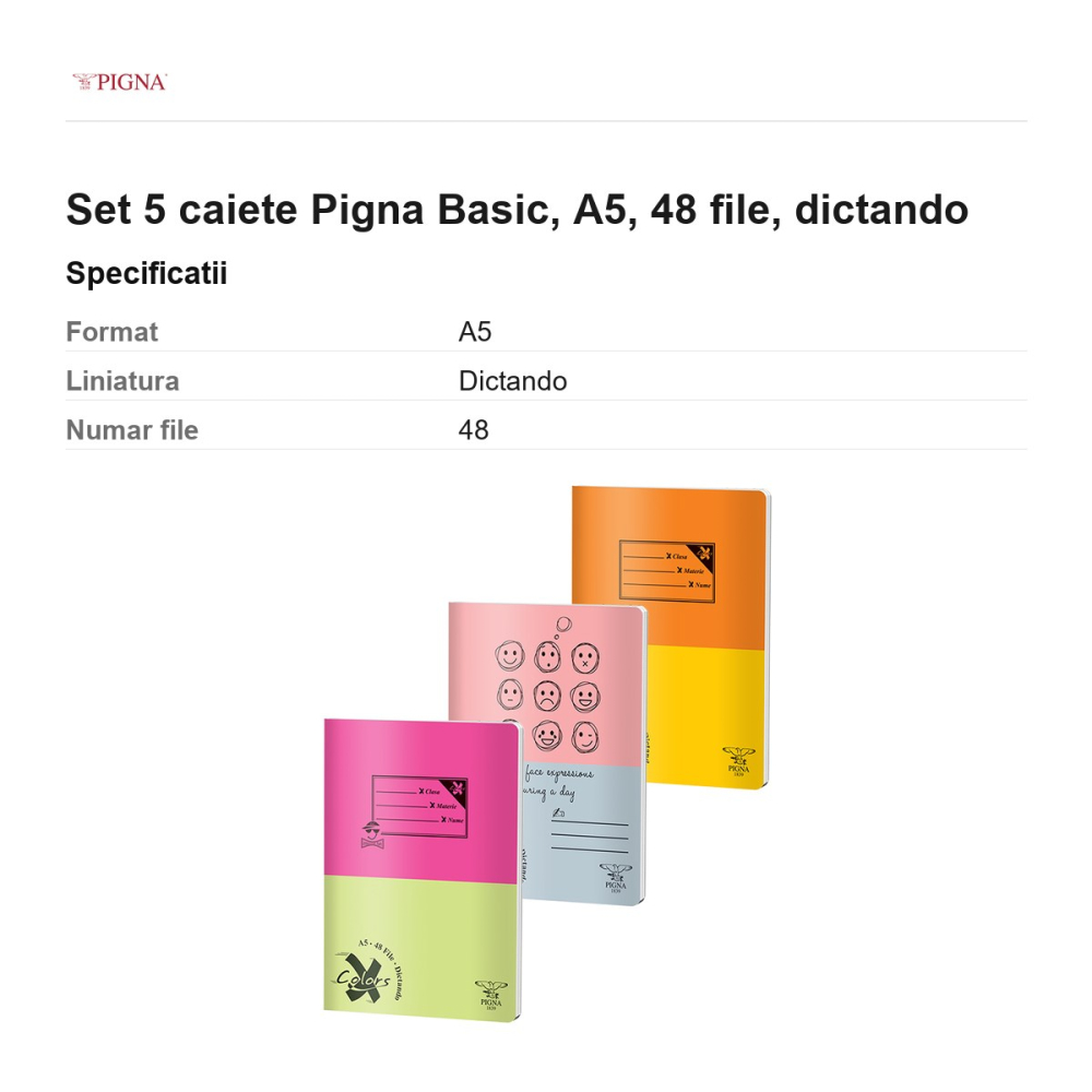 Set 5 caiete Pigna Basic, A5, 48 file, dictando [3]