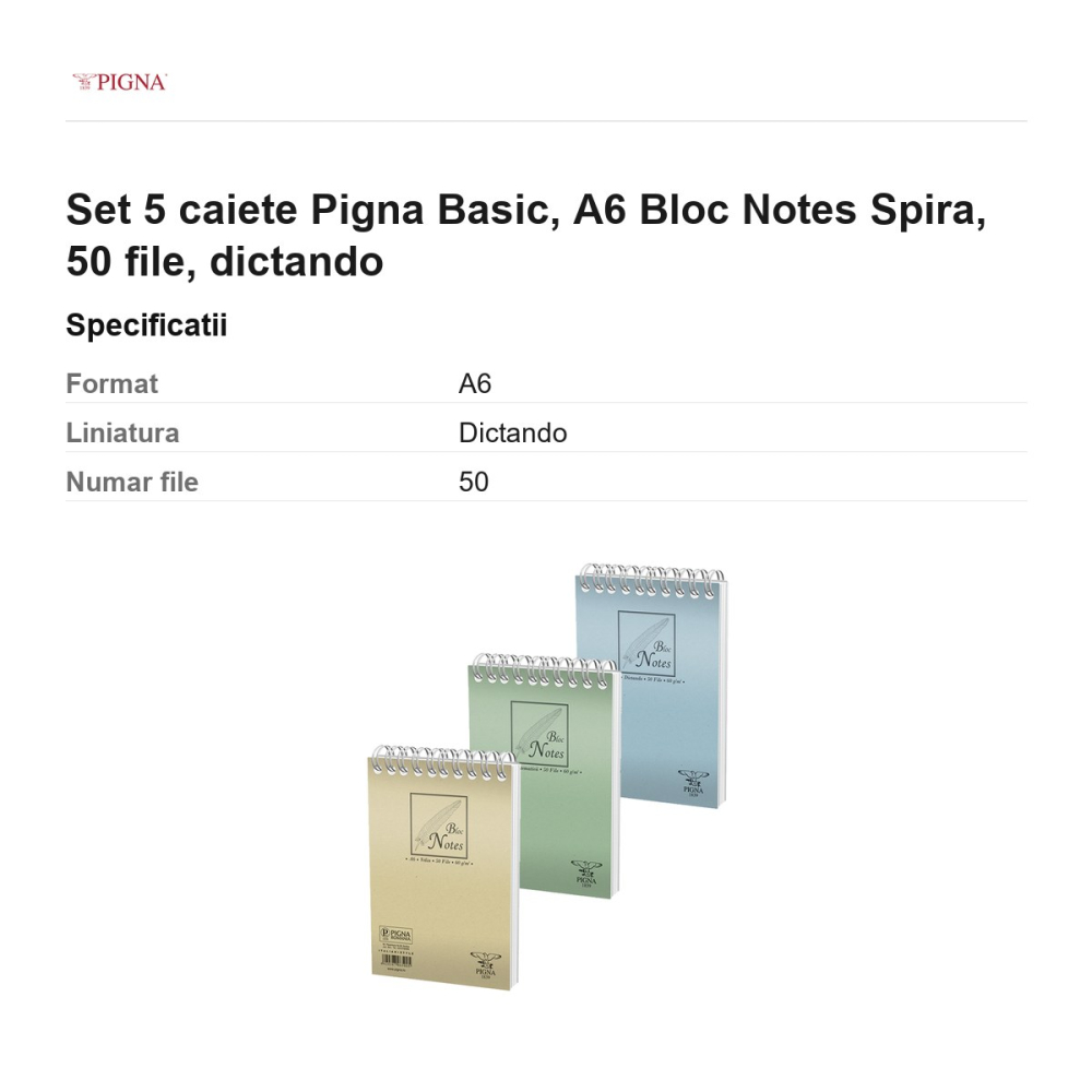Set 5 blocuri notes Pigna Basic, A6, 50 file, dictando, spira [3]