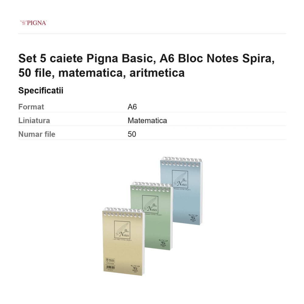 Set 5 blocuri notes Pigna Basic, A6, 50 file, matematica, spira aritmetica [3]