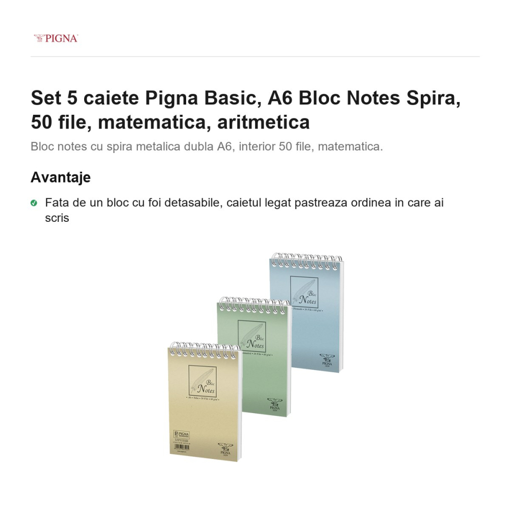 Set 5 blocuri notes Pigna Basic, A6, 50 file, matematica, spira aritmetica [2]