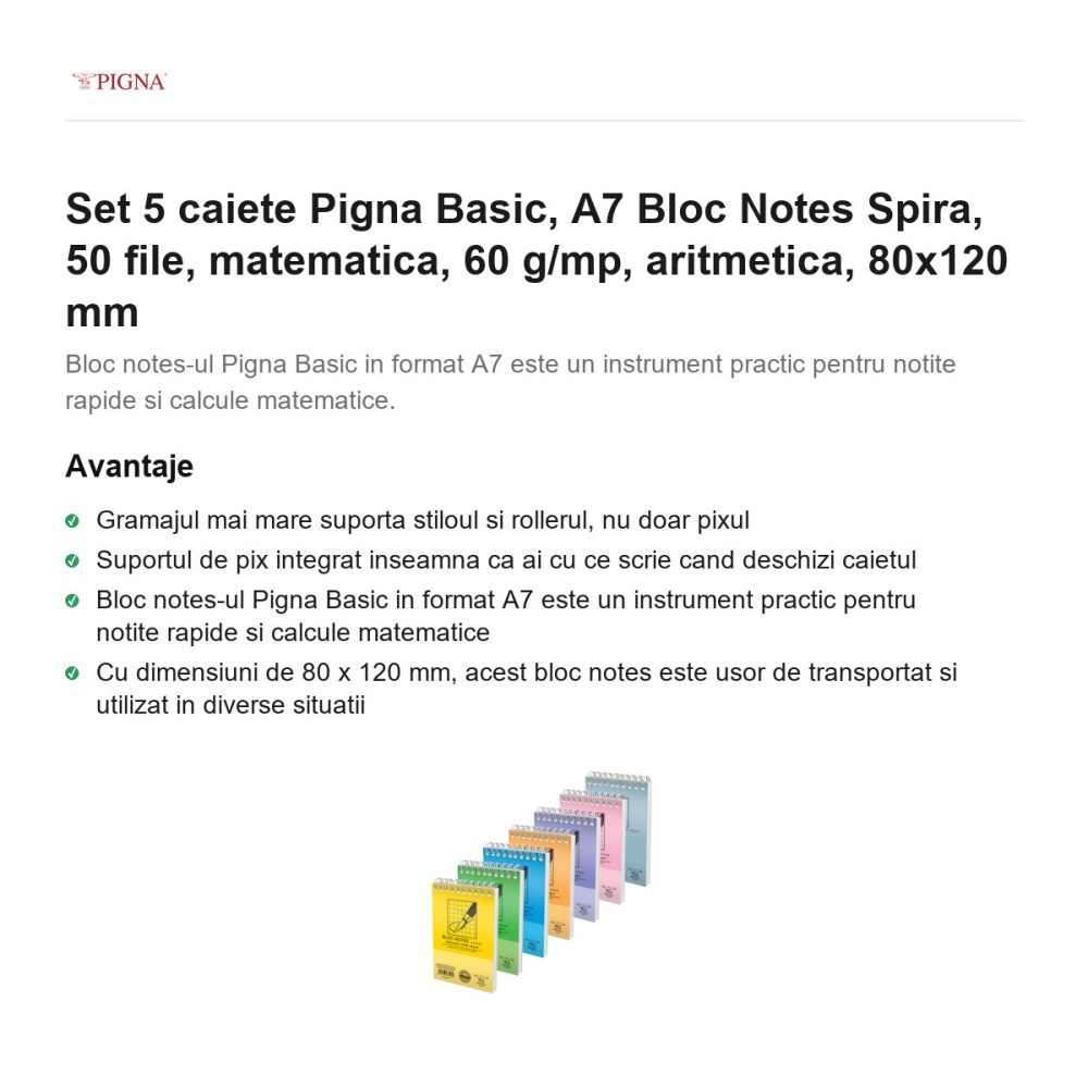 Set 5 blocuri notes Pigna Basic, A7, 50 file, matematica, 60 g/mp, spira aritmetica, 80x120 mm [2]