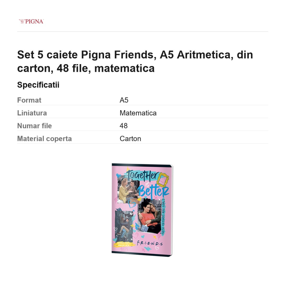 Set 5 caiete Pigna Friends, A5, din carton, 48 file, matematica, aritmetica [3]