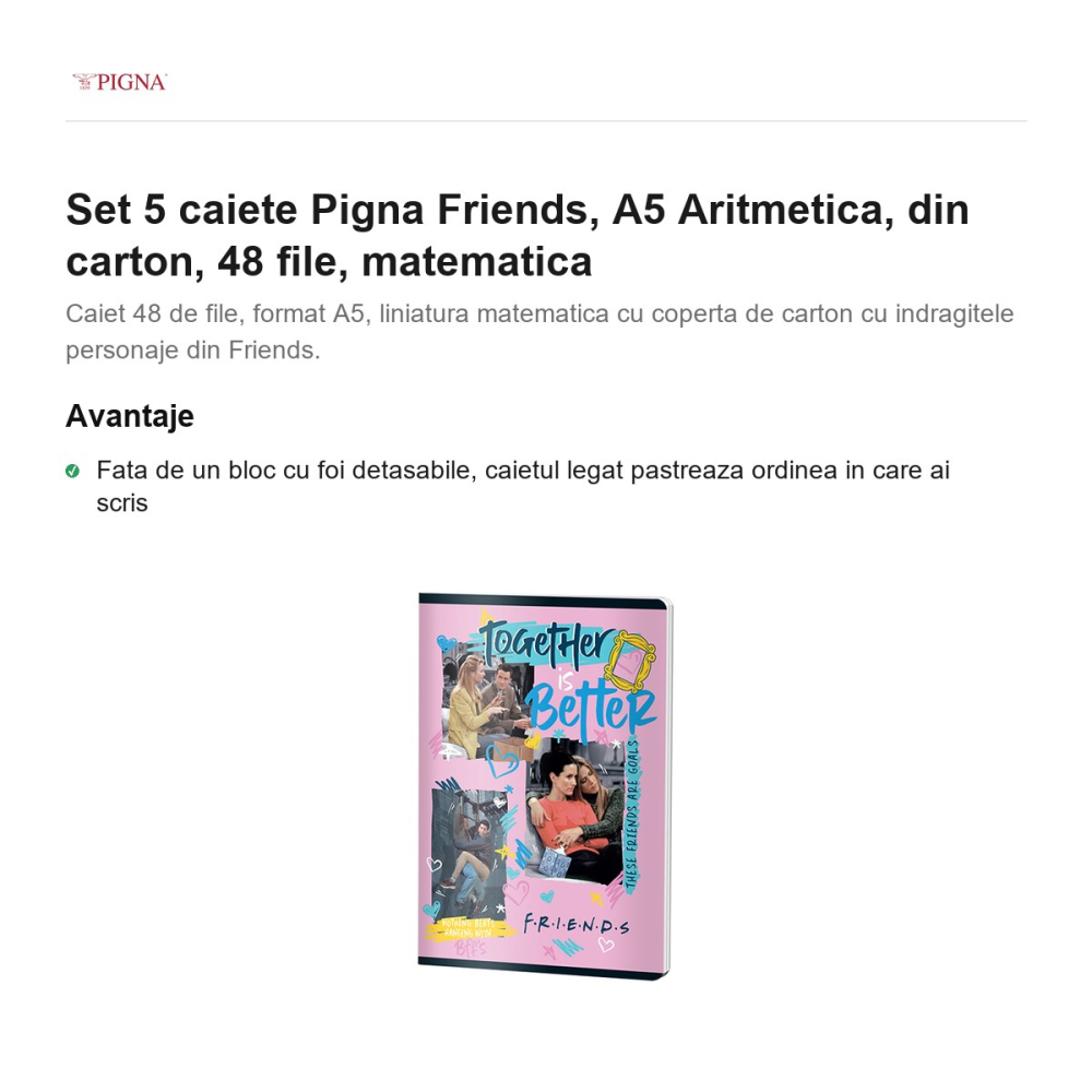 Set 5 caiete Pigna Friends, A5, din carton, 48 file, matematica, aritmetica [2]