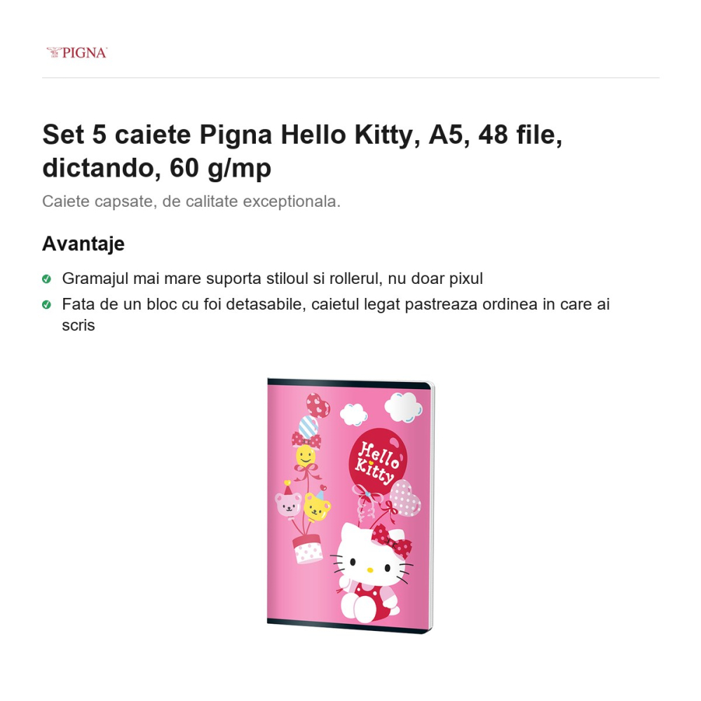 Set 5 caiete Pigna Hello Kitty, A5, 48 file, dictando, 60 g/mp [2]