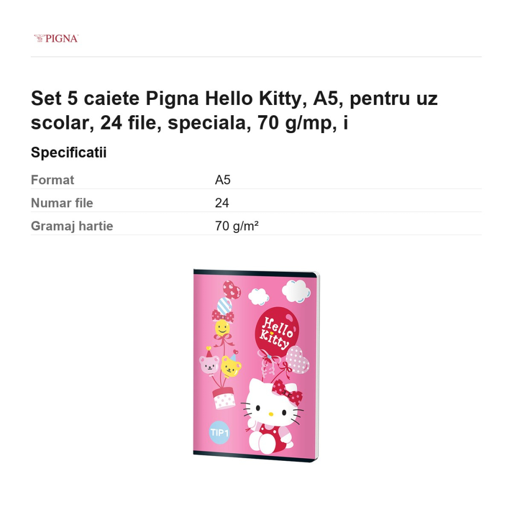 Set 5 caiete Pigna Hello Kitty, A5, pentru uz scolar, 24 file, 70 g/mp, i [3]