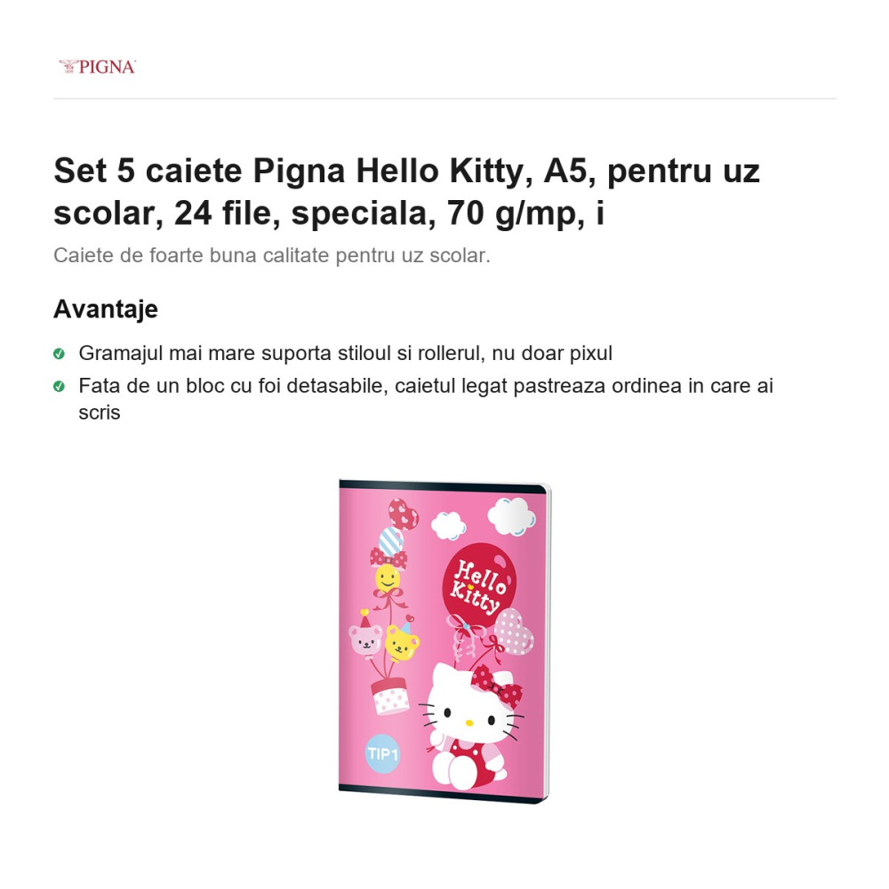 Set 5 caiete Pigna Hello Kitty, A5, pentru uz scolar, 24 file, 70 g/mp, i [2]