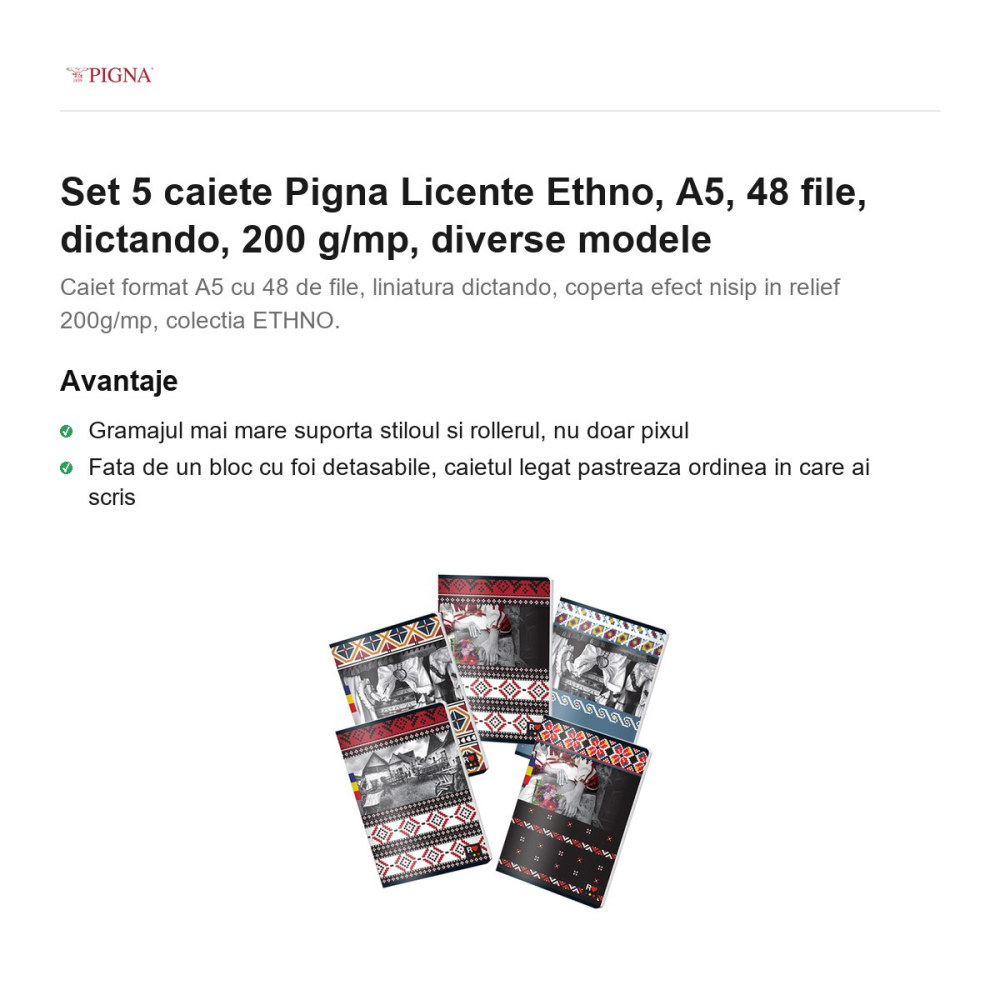 Set 5 caiete Pigna Licente Ethno, A5, 48 file, dictando, 200 g/mp, diverse modele [2]