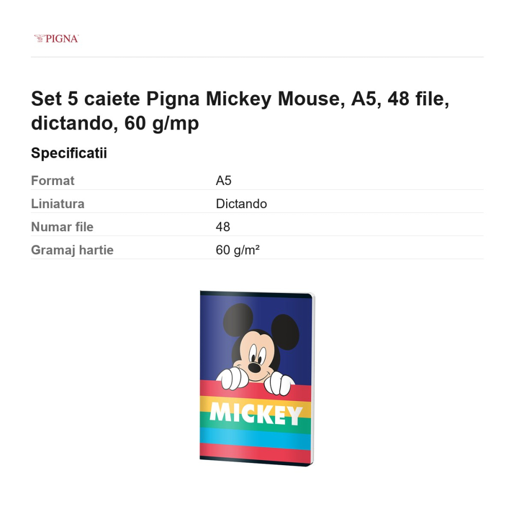 Set 5 caiete Pigna Mickey Mouse, A5, 48 file, dictando, 60 g/mp [3]