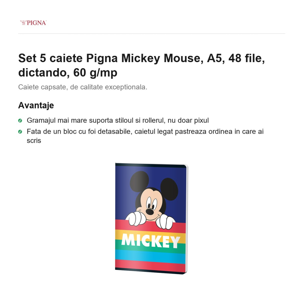 Set 5 caiete Pigna Mickey Mouse, A5, 48 file, dictando, 60 g/mp [2]