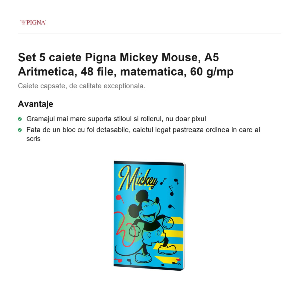 Set 5 caiete Pigna Mickey Mouse, A5, 48 file, matematica, 60 g/mp, aritmetica [2]