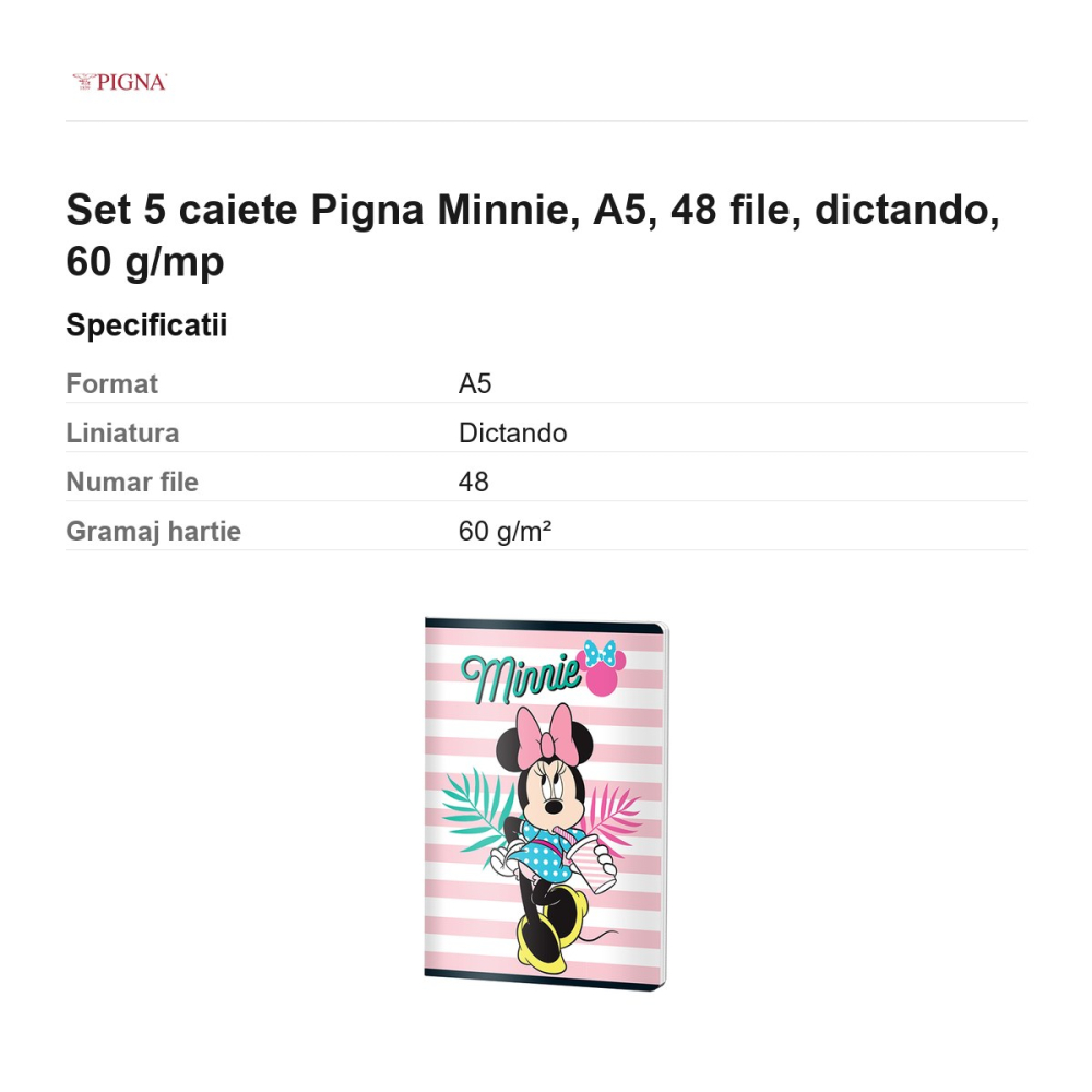 Set 5 caiete Pigna Minnie, A5, 48 file, dictando, 60 g/mp [3]