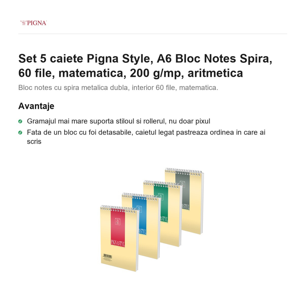 Set 5 blocuri notes Pigna Style, A6, 60 file, matematica, 200 g/mp, spira aritmetica [2]
